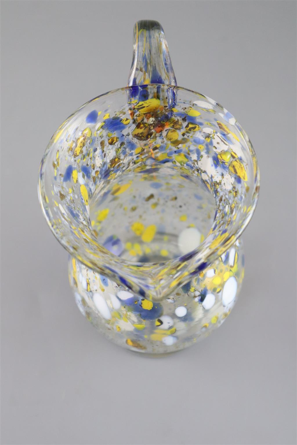 A George III yellow, blue and white marvered glass jug. c.1800, 17.5cm high